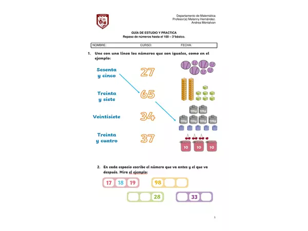 Guía de repaso de números hasta el 100 profe social