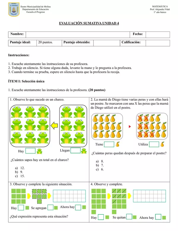 1 Básico Evaluación sumativa Unidad 4 profe social