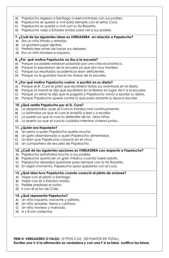 Prueba Lectura Papelucho Casi Hu Rfano Profe Social