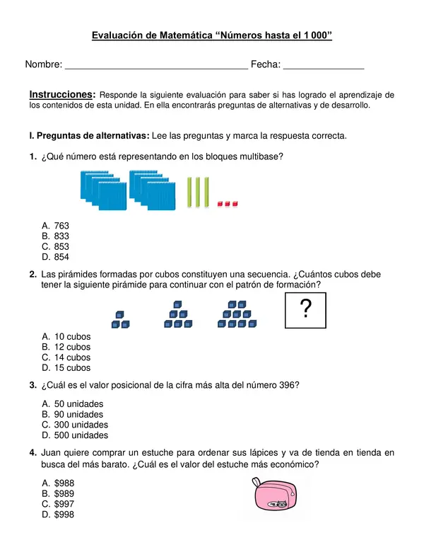 Prueba Números hasta el 1000 Tercer año básico profe social