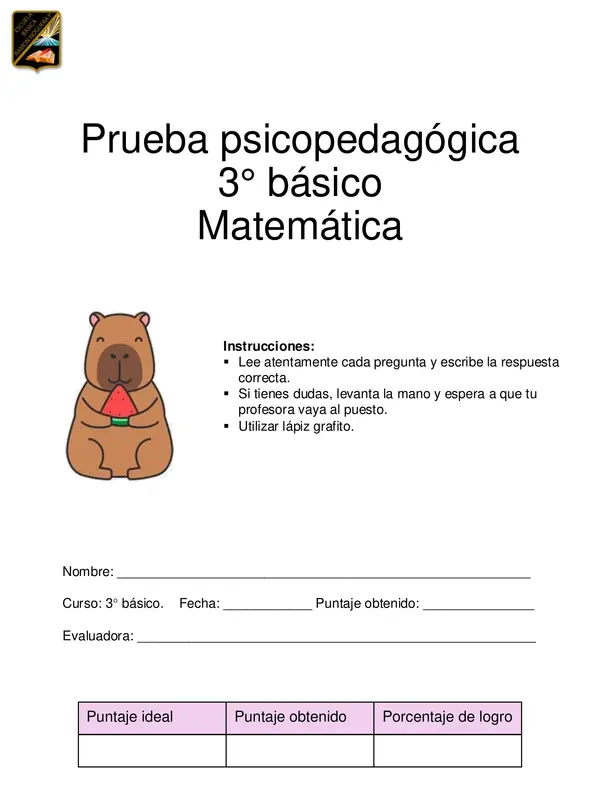 Prueba psicopedagógica informal de Matemática 3 básico profe social