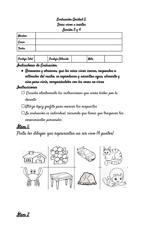 Evaluaci N Unidad Seres Vivos E Inertes Lecci N Y Profe Social