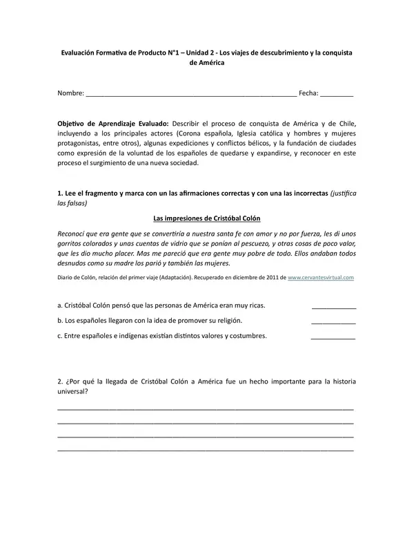 Evaluación Unidad 2 Descubrimiento de América profe social