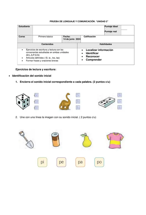 Evaluación Lenguaje unidad 2 primero básico profe social