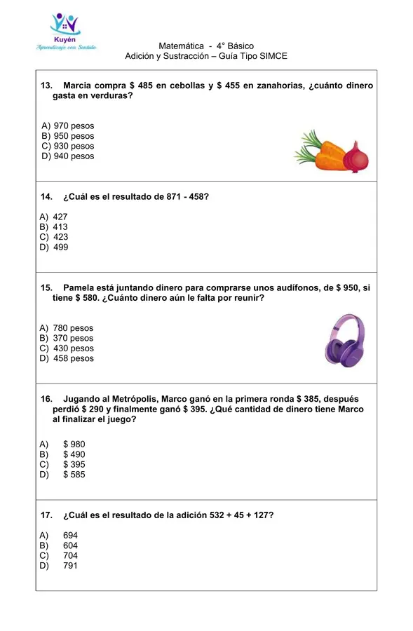 Adición y Sustracción 4 Básico Guía Tipo SIMCE con hoja de respuesta