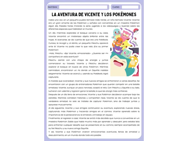 Guía de Comprensión Lectora “La Aventura de Vicente y los Pokémon”