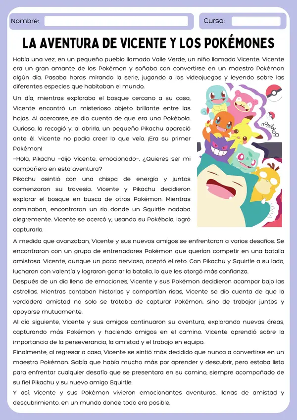 Guía de Comprensión Lectora “La Aventura de Vicente y los Pokémon”