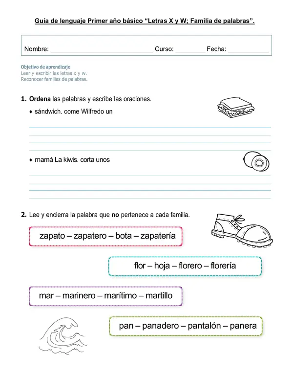 Guía de lenguaje  1°-2°año básico: "Letras X, W:Familia de palabras"