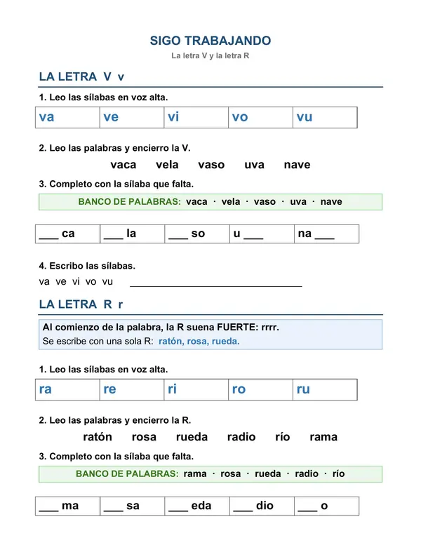 Leo y escribo con S, T, V, R y RR: guía de Lenguaje 1° básico