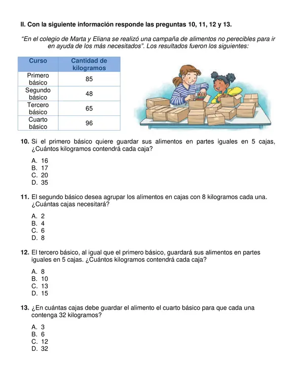 Evaluación segundo semestre de matemática 4° año básico.