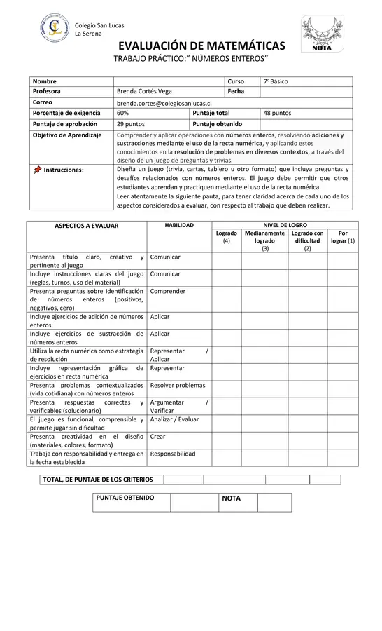 PAUTA DE EVALUACION NUMEROS ENTEROS