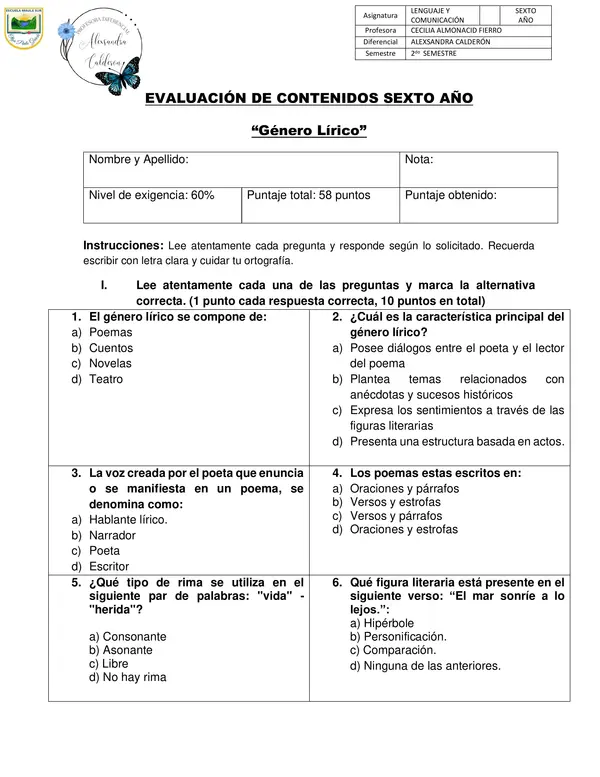 Evaluación género lírico