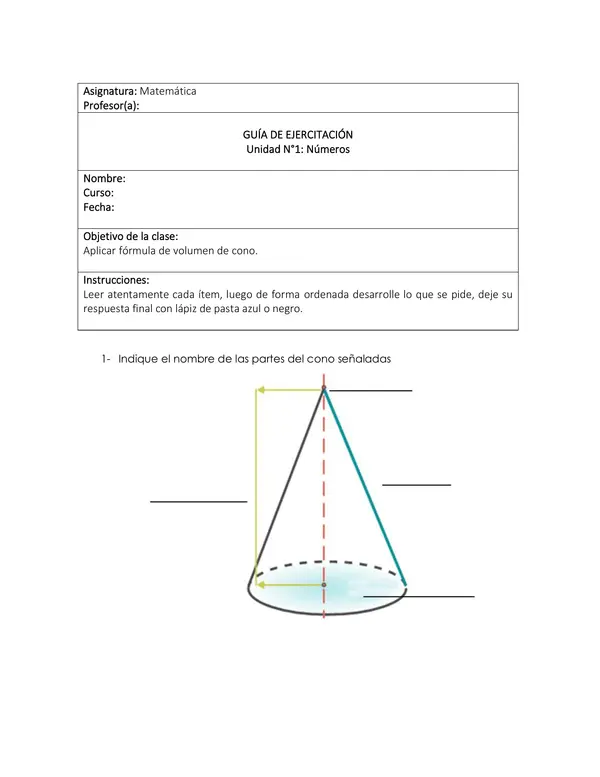 Guía de Ejercitación Matemática NM1 "Cálculo del Volumen de un Cono" 