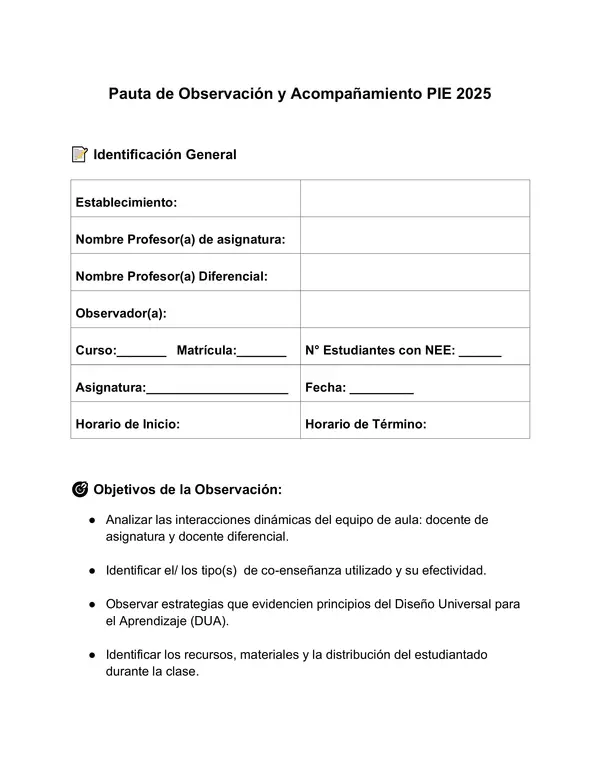 PAUTA DE OBSERVACIÓN Y ACOMPAÑAMIENTO AL AULA