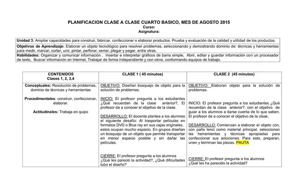 Planificación Clase a Clase: Agosto | Tecnología Cuarto Básico