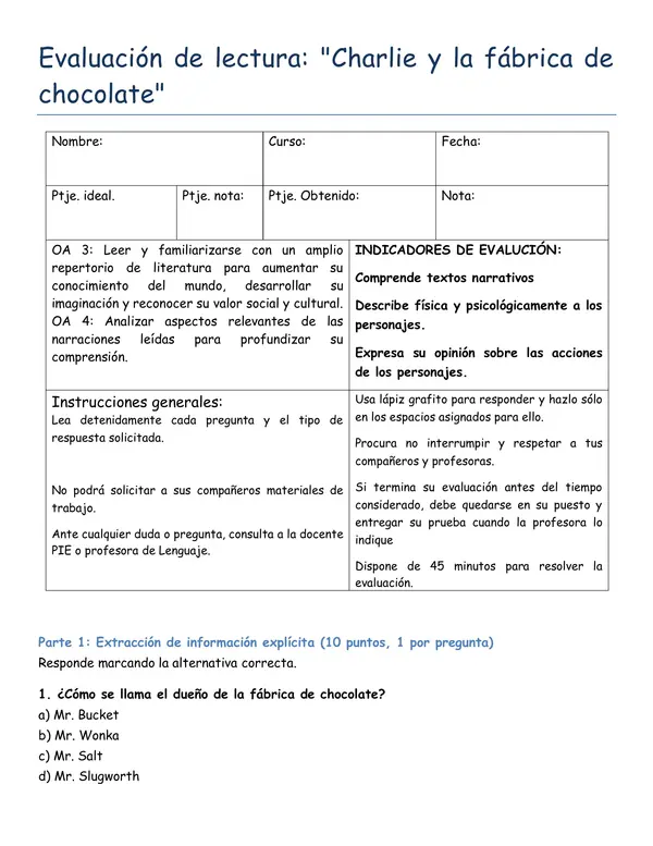 Evaluación de la lectura "Charlie y la fábrica de chocolate"
