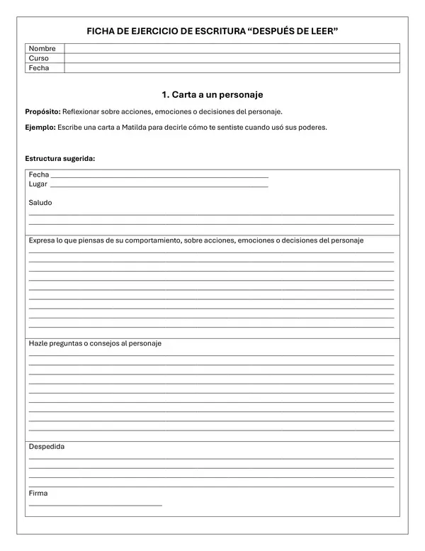 15 fichas de ejercicios de escritura después de la lectura