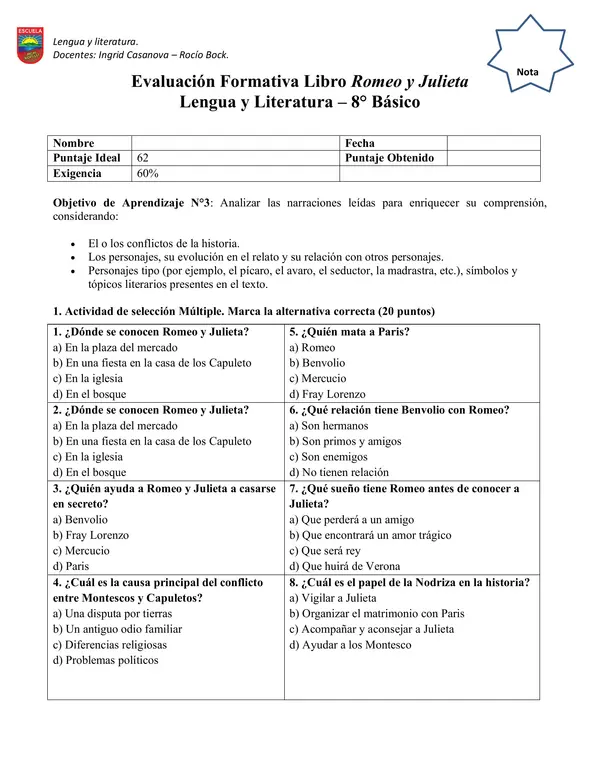 Evaluación Comprensión lectora Romeo y Julieta