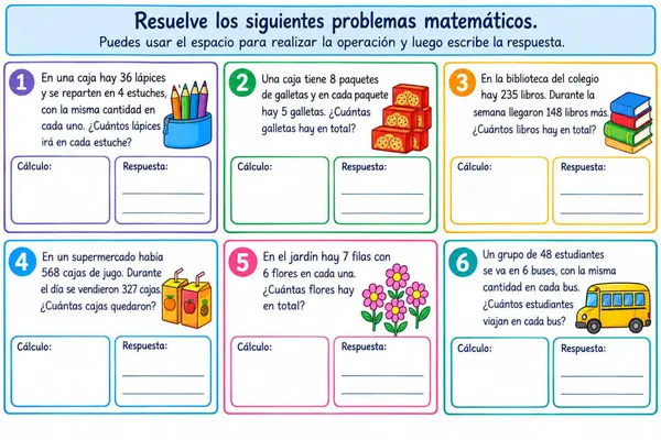 Problemas matemáticos no combinados (división, multiplicación, adición y sustracción)