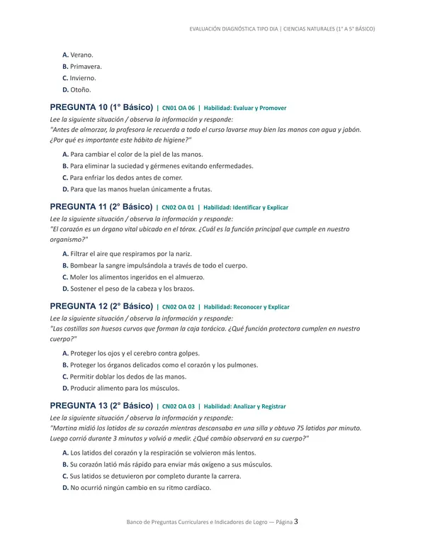 Banco de preguntas ciencias naturales estilo DIA 1° a 5° básico
