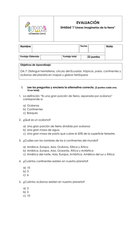 Evaluación historia, ciencias sociales y geografía "Líneas imaginarias de la tierra"