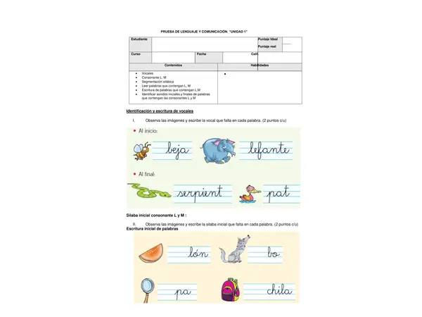 Evaluación Lenguaje unidad 1  primero básico 