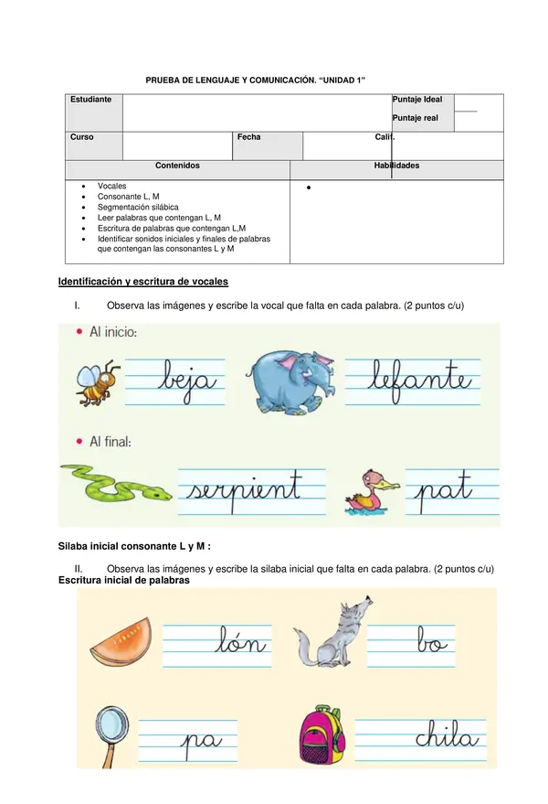 Evaluación Lenguaje unidad 1  primero básico 