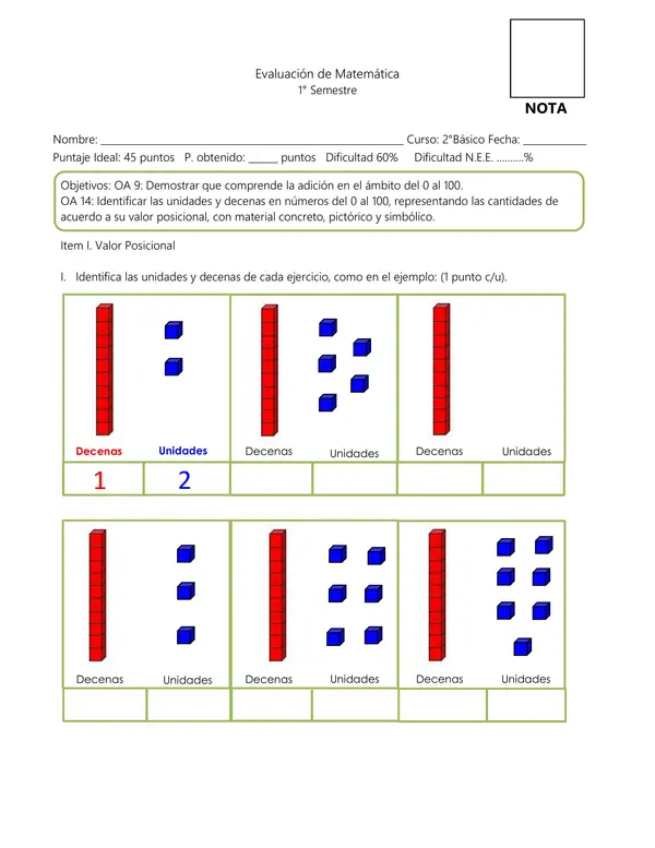Evaluación descargable: Unidades y decenas – Matemática | 2° Básico
