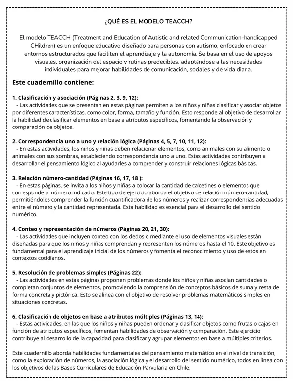 Cuadernillo TEACCH "Pensamiento Matemático"