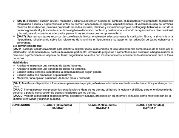 7º año de Educación Básica, PLANIFICACION, LENGUAJE, OCTUBRE
