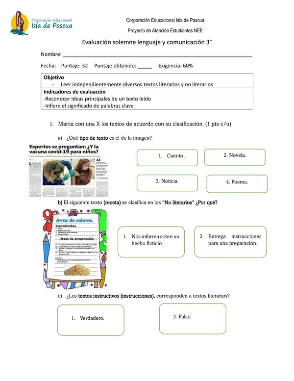 Evaluación de lenguaje y comunicación 