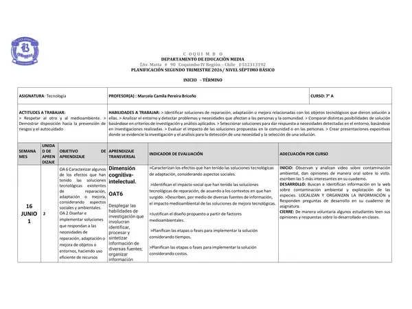 planificación trimestral 7mo  tecnologia