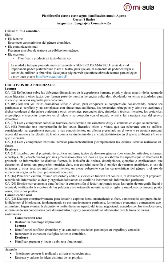 Planificación Clase a Clase: Agosto | Lenguaje y Comunicación 8° Básico