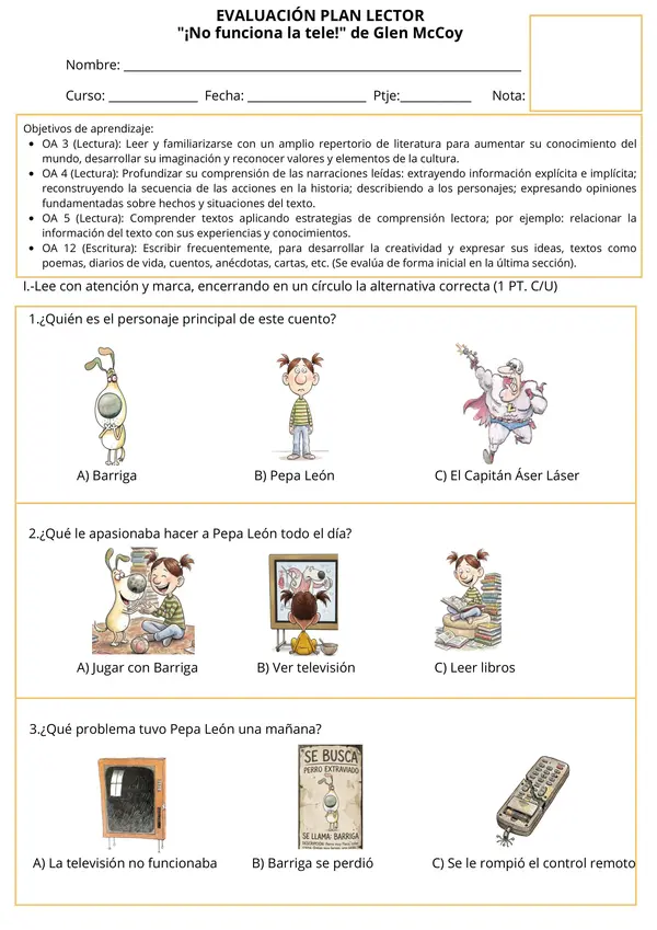 Evaluación Plan Lector "¡No funciona la tele!"
