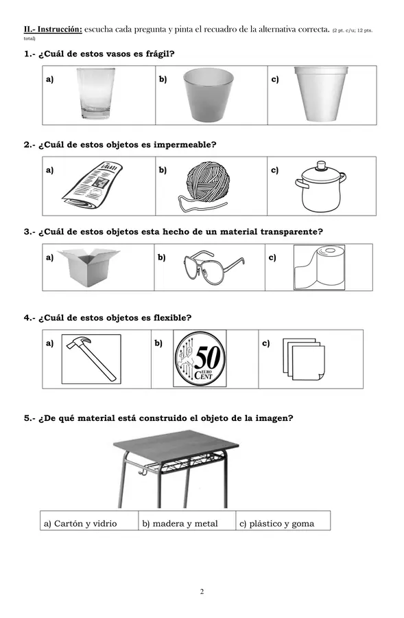📑 Evaluación Sumativa – Los Materiales (1° Básico)