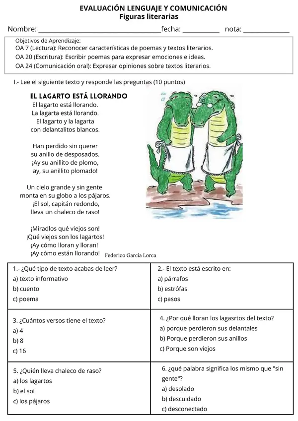 Evaluación Figuras Literarias: Metáfora, Comparación, Hipérbole y Personificación 