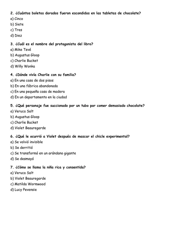 Evaluación de la lectura "Charlie y la fábrica de chocolate"