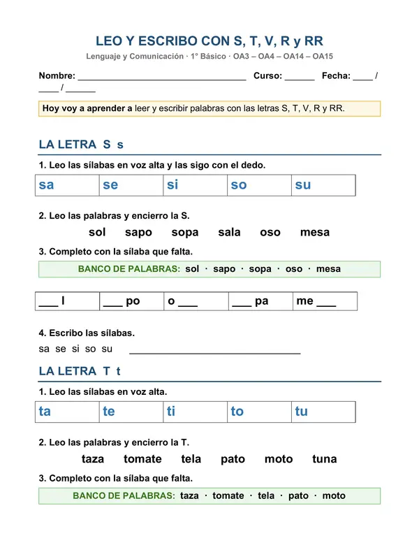 Leo y escribo con S, T, V, R y RR: guía de Lenguaje 1° básico