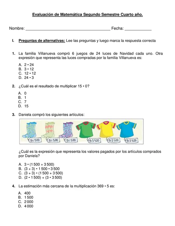 Evaluación segundo semestre de matemática 4° año básico.