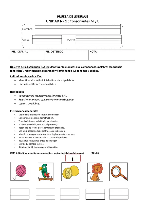 PRUEBA CONSONANTE M Y L.