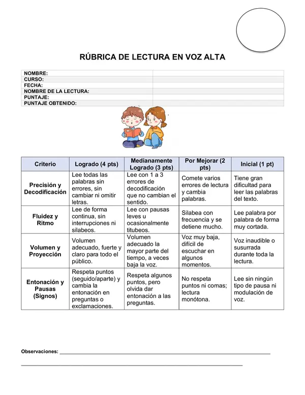 Rúbrica de Evaluación: Lectura en Voz Alta (Comprensión y Fluidez Lectoras)