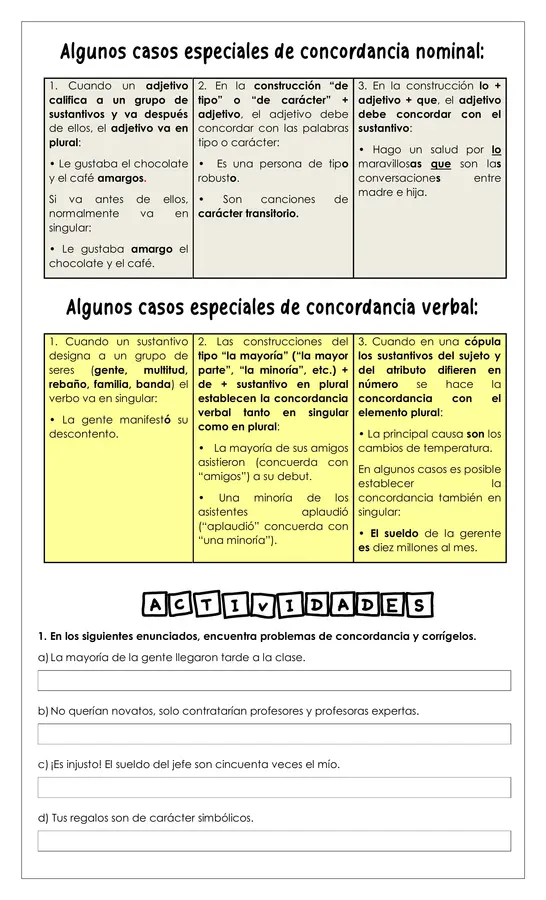 Guía de trabajo - Concordancia gramatical - 8° (Lengua y literatura)