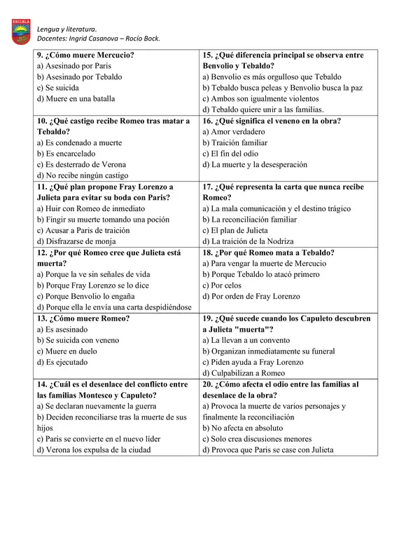 Evaluación Comprensión lectora Romeo y Julieta