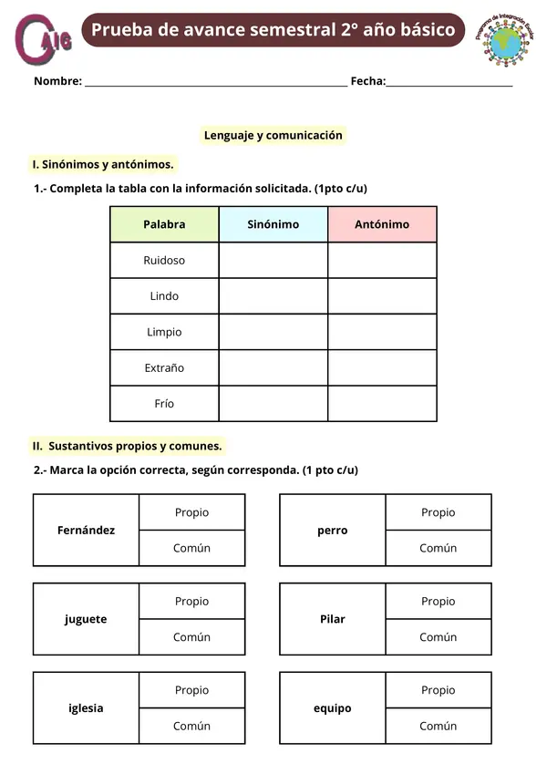 PRUEBA INFORMAL 2° AÑO BÁSICO DE LENGUAJE Y MATEMÁTICA