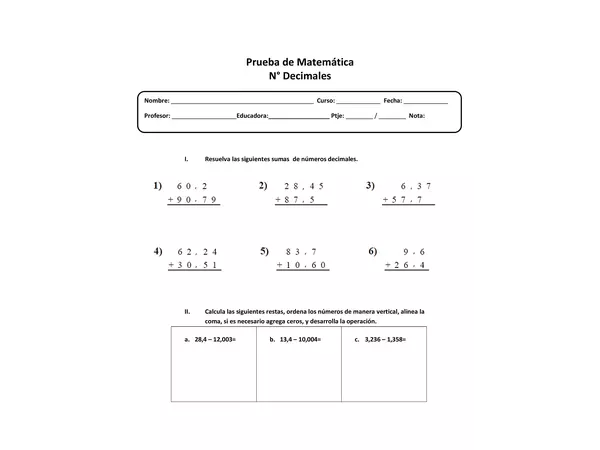 Evaluación números decimales adición y sustracción 