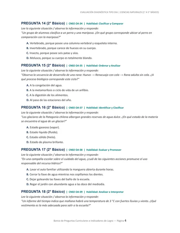 Banco de preguntas ciencias naturales estilo DIA 1° a 5° básico