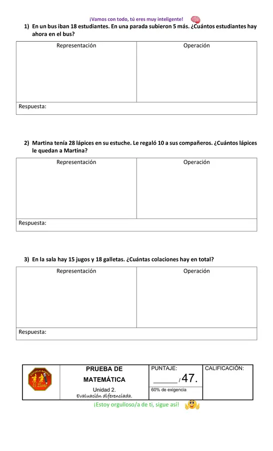 Prueba de matemática segundo básico Unidad 2