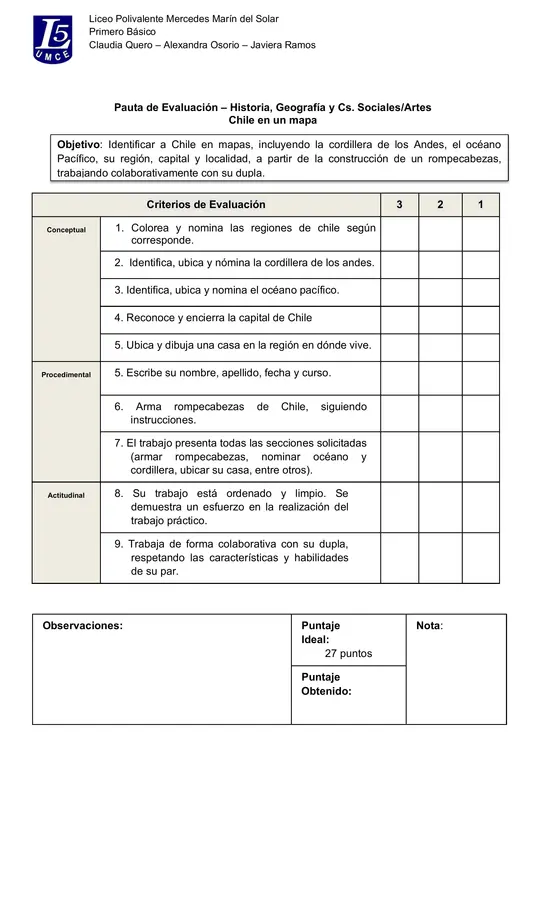 Pauta de evaluación regiones de chile