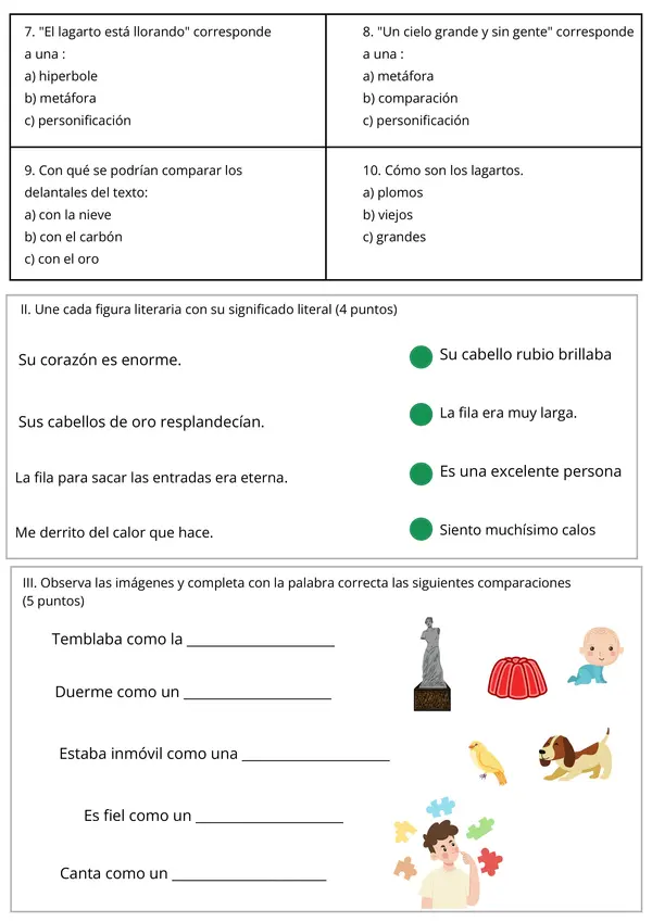Evaluación Figuras Literarias: Metáfora, Comparación, Hipérbole y Personificación 