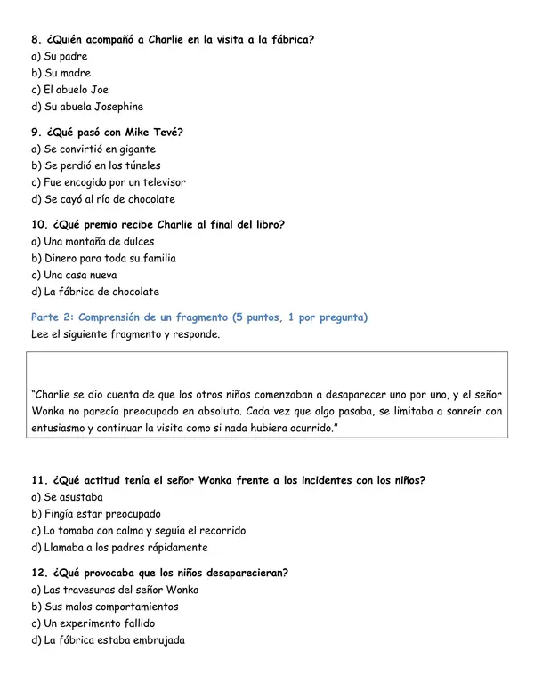 Evaluación de la lectura "Charlie y la fábrica de chocolate"